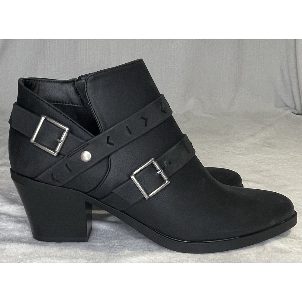 Just Fab Hit the Road Black Booties Size 11 Ankle Boot Silver Buckles Cut Outs